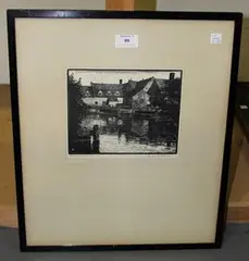 Charles E. Flower, Flatford Mill, monochrome woodcut