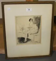 Lewis Baumer, Portrait of a Girl seated on a Bench, monochrome etching