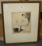 Lewis Baumer, Portrait of a Girl seated on a Bench, monochrome etching