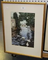 Swans on the River Cam by Richard Bolton, watercolour over pencil traces, sold Nov 2013
