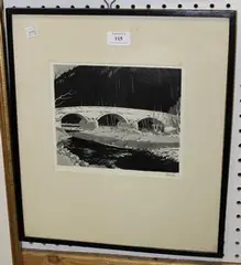 Fred Jay Girling, View of a Bridge, monochrome watercolour