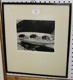 Fred Jay Girling, View of a Bridge, monochrome watercolour