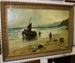 T. Seymour, Coastal View with Wading Fishermen and Boat, oil on canvas