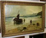 T. Seymour, Coastal View with Wading Fishermen and Boat, oil on canvas