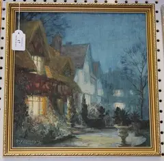 Guy Lipscombe, View of Houses at Twilight, oil on canvas-board