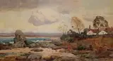 Frank Richards, Coastal Landscape with Beach and Cottage, watercolour
