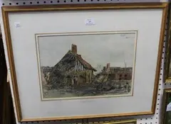 Paul Ayshford Methuen, 4th Baron Methuen, View of a Burnt-out House in War-torn France, 1917, watercolour and charcoal