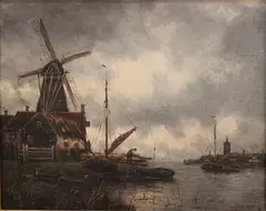 Jan Van Couver, Dutch Canal Scene with Windmill, oil on canvas