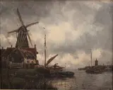 Jan Van Couver, Dutch Canal Scene with Windmill, oil on canvas