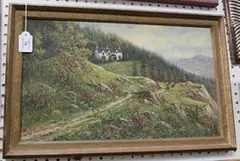 M.C. Hider, Highland Landscape with Cattle on a Path, a Cottage beyond, 1939, oil on canvas