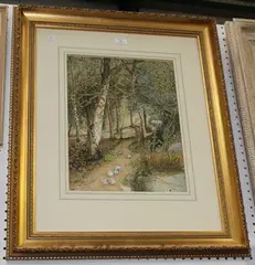 M. Rolls, Girl and Ducks on a Woodland Path by a Pond, watercolour