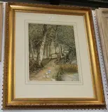 M. Rolls, Girl and Ducks on a Woodland Path by a Pond, watercolour
