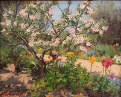Henry Somers Kortwright, Apple Blossom in Sunlight at Sissinghurst, oil on board
