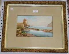 E. Browke, Continental Coastal View, watercolour and gouache