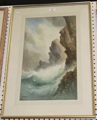 W. Clarente, Coastal View with Waves crashing against Rocks, watercolour