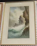 W. Clarente, Coastal View with Waves crashing against Rocks, watercolour