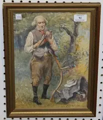 J. Franklin Pike, Full Length Portrait of a Man sharpening a Scythe, 1910, watercolour