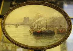 Oval View of Barges on the River Seine, Paris by Geo Duchesne, pencil and watercolour, sold Oct 2013