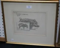 Harry Rountree, No 6 Baby Grows Up' (Study of an Infant and Adult Boar), pencil drawing