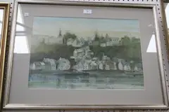 Ken Hildrew, View of a Riverside Village, mixed media