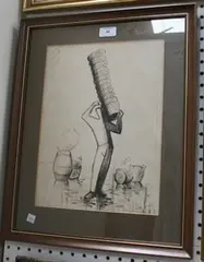 Hilda K. Jillard, Figure carrying Baskets beside Barrels and other Baskets, pencil