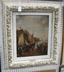 K. van Hoom, View of a Dutch Harbour, oil on canvas