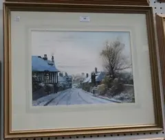 Andrew Dandridge, Winter Twilight in Bramber Village, watercolour