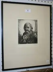 H. Harvey, Nomad' (Old Gypsy Woman with a Cat), monochrome etching
