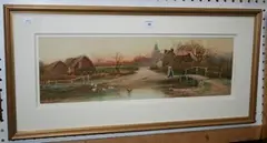 Sophia Sinclair, View of a Village with a Milkmaid walking past a Pond, watercolour