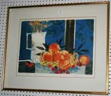 Yves Ganne, Still Life with Peaches and a Jug, colour lithograph