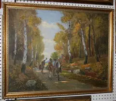 R.K. Bateer, Musicians carrying Instruments along a Woodland Path, oil on canvas