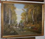 R.K. Bateer, Musicians carrying Instruments along a Woodland Path, oil on canvas