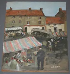 Mary Benbow, View of a Market, oil on board