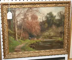 Autumnal Landscape with Two Figures on a Woodland Path beside a River by George Leon Little, oil on board, sold May 2013