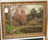 George Leon Little, Autumnal Landscape with Two Figures on a Woodland Path beside a River, oil on board