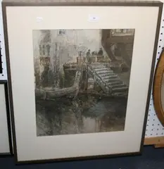 George Horton, River View with a Loaded Barge moored near Steps and Figures loading Baskets by a Warehouse, watercolour and pencil