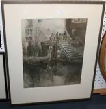 George Horton, River View with a Loaded Barge moored near Steps and Figures loading Baskets by a Warehouse, watercolour and pencil