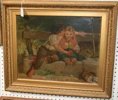 F.E. Skinner, Two Young Children on a Rustic Bench, 1891, oil on canvas