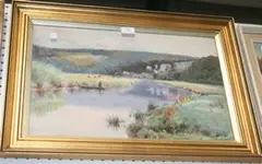 Charles Edwin Flower, Landscape, probably Houghton, with a Figure fishing from a Punt, Cattle in a Field nearby, 1897, a Bridge and Chalk Pit beyond