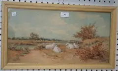 Landscape with Recumbent Sheep beside a River by A. Watts, 1903, watercolour, sold May 2013