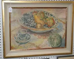 Still Life Study of Fruit in a Ceramic Dish by Lionel Miskin, oil on canvas, sold May 2013