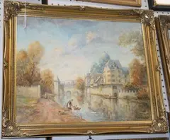 M.J. Rendell, View along a Continental River, oil on board
