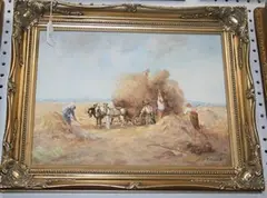 M.J. Rendell, Figures harvesting in a Landscape, oil on board