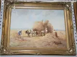 M.J. Rendell, Figures harvesting in a Landscape, oil on board