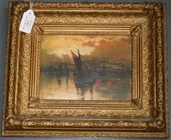 E. Fletcher, Moored Sailing Barges beneath a Setting Sun, oil on board