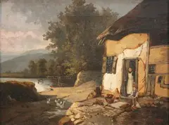 John Henry Dell, View of a Cottage with a Mother and Boy by an Open Door, Hens and Geese nearby, a Lake beyond, oil on canvas
