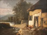 John Henry Dell, View of a Cottage with a Mother and Boy by an Open Door, Hens and Geese nearby, a Lake beyond, oil on canvas