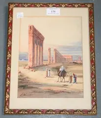 M. Moriarty, Eastern Landscape with Arabs near Ancient Ruins, watercolour