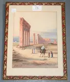 M. Moriarty, Eastern Landscape with Arabs near Ancient Ruins, watercolour