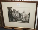 Sidney Tushingham, Plaza Mayor, Segovia, monochrome drypoint etching